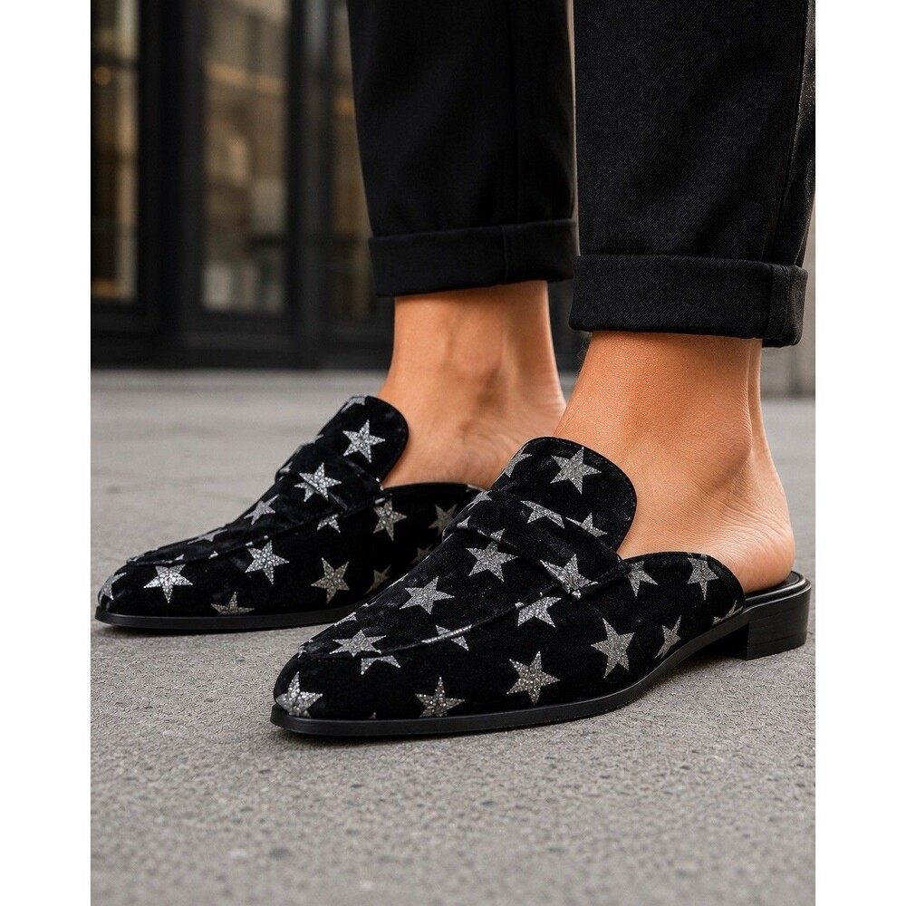 Rebecca Minkoff Star Print Mule Womens 5 Black Suede Pointed Toe Slip On Boho - Picture 4 of 10